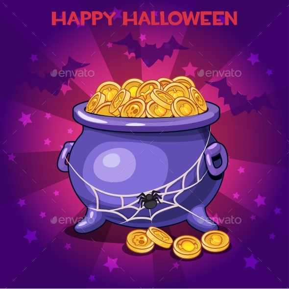 Cartoon Pot and Coins for Happy Halloween