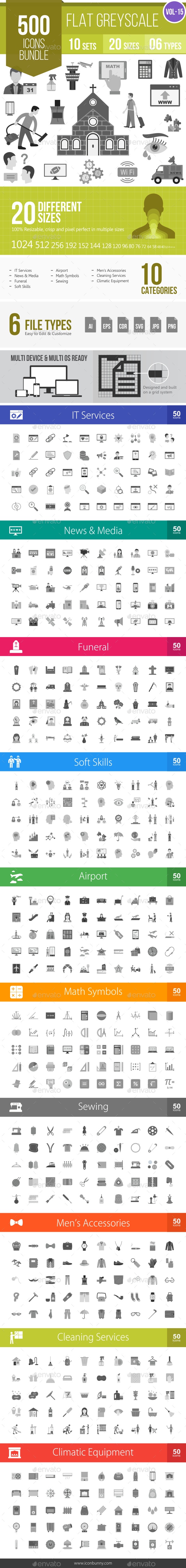 500 Vector Greyscale Flat Icons Bundle (Vol-15) - Icons