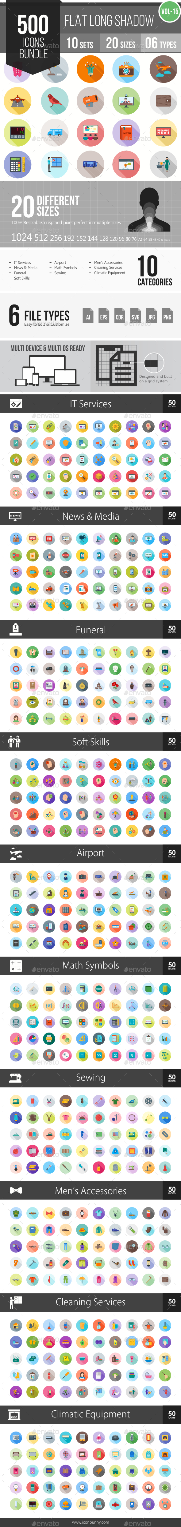 500 Vector Long Shadow Colorful Flat Icons Bundle (Vol-15) - Icons
