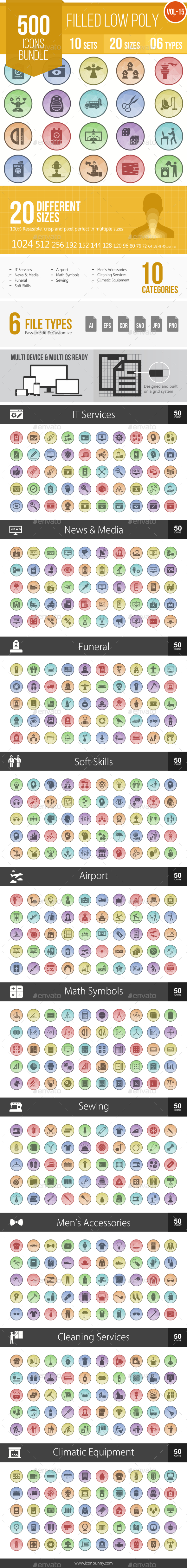 500 Vector Filled Low Poly Icons Bundle (Vol-15) - Icons