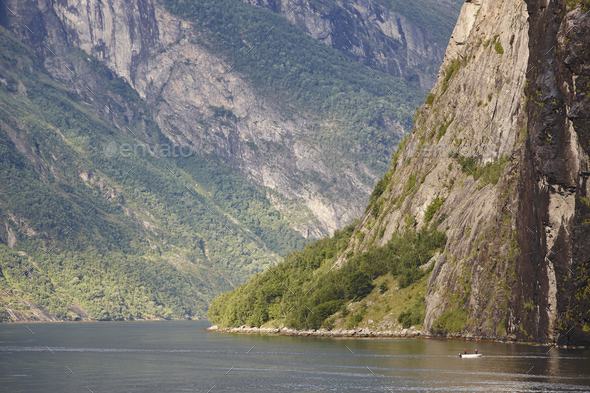 Norwegian fjord rocky landscape. Hellesylt, Geiranger travel route. Tourism