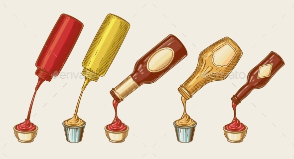 Engraving Style Set of Different Sauces - Food Objects
