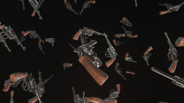 Floating Revolvers Against a Dark Background