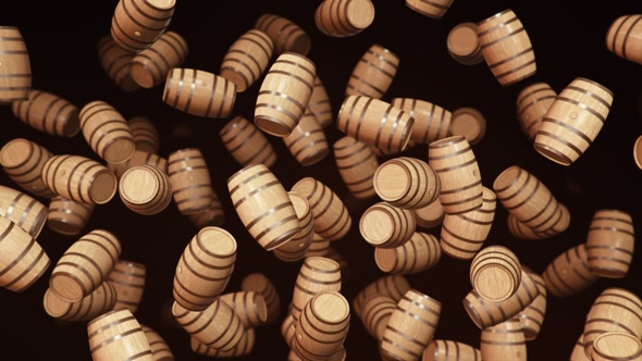 Floating Wooden Barrels Against a Dark Background