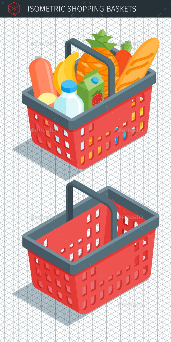 Isometric Red Plastic Shopping Baskets - Objects Vectors