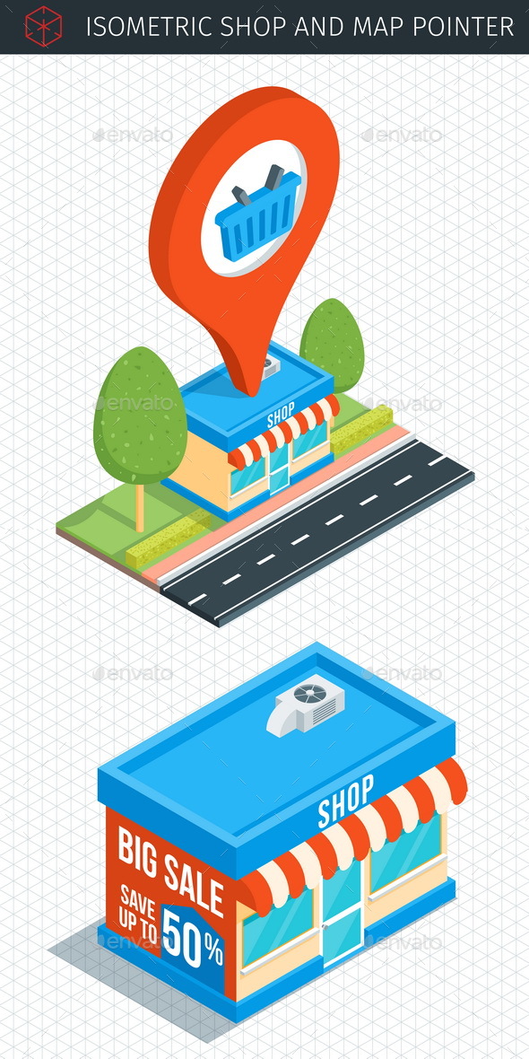 Isometric shop building and map pointer - Buildings Objects
