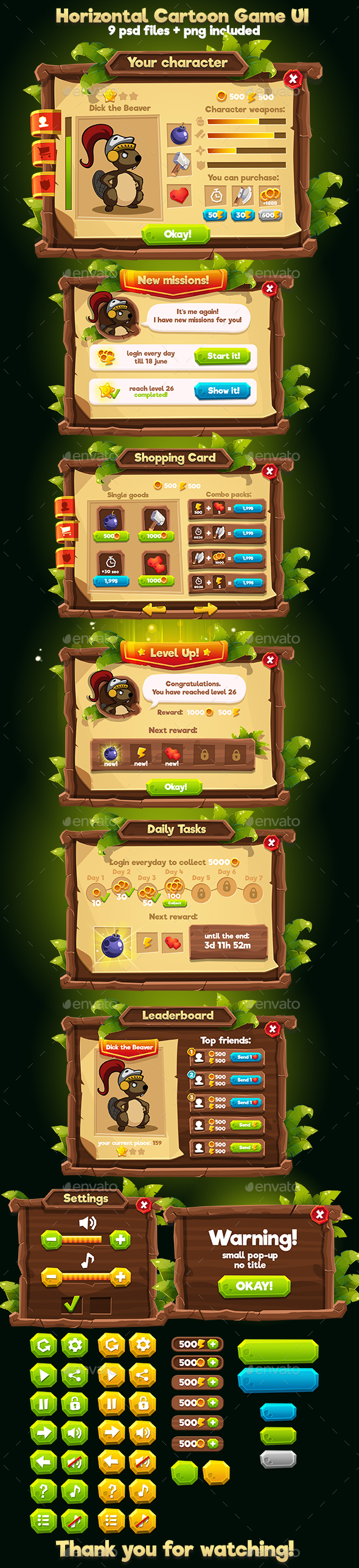 Wooden Cartoon Horizontal Game Interface - User Interfaces Game Assets