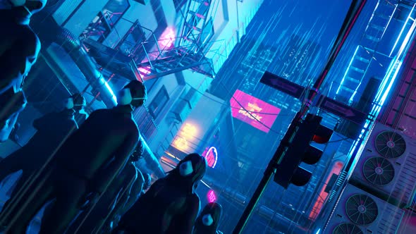 Creepy people wearing FFP3 masks walking in the night along a rainy city street. alt