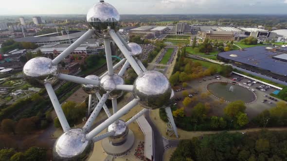 Atomium Close-up Atoms Huge Large Reflective Steel Balls, Museum, Stock 