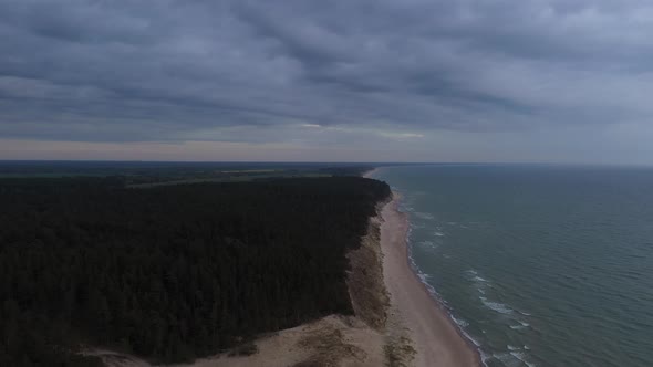 High Evening aerial light over Baltic sea shoreline Jurkalne, Latvia