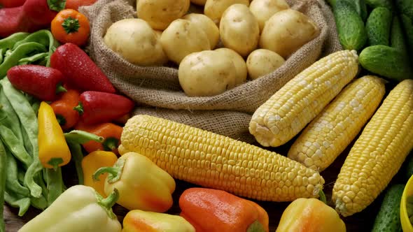 Set of Different Fresh Raw Vegetables in the Wooden Tray Wood Background Top View alt