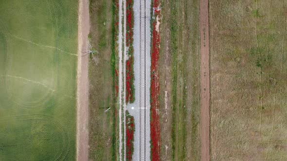 Drone footage of railroadwith flowers and opening scenic view of landscape