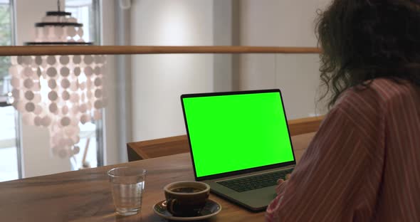 The Female Specialist Works on a Laptop Computer with Mock-up Green Screen alt