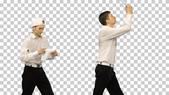 Three guys checking documents while dancing in a row, Alpha Channel alt