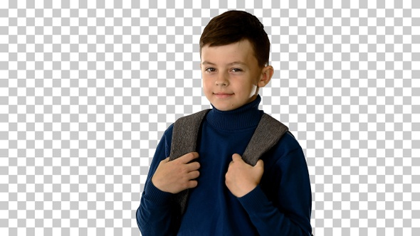 Boy in polo neck walking with a backpack, Alpha Channel alt