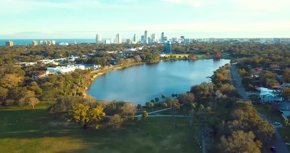 4K Aerial Video of Crescent Lake with Downtown St Petersburg, FL Skyline in Background alt