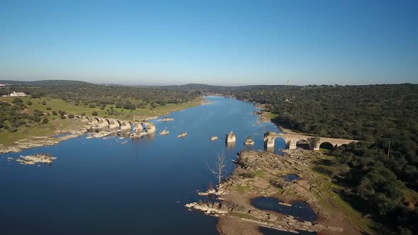 Aerial View of the Border River Guadiana Between Elvas Portugal And Olivenza Spain and Historic