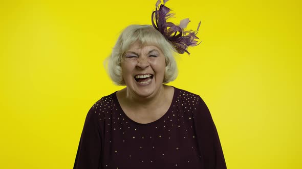 Happy Senior Old Woman Laughing Out Loud After Hearing Anecdote, Funny Joke, Positive Lifestyle alt
