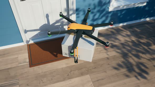 Hexacopter drone delivering ordered package directly to the door. Render 4k alt