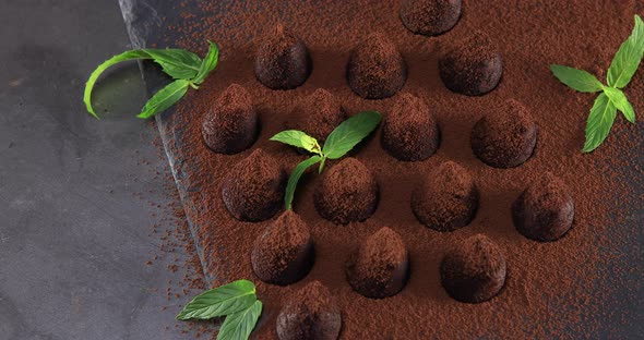 Top View of Chocolate Truffles Powdered with Cocoa
