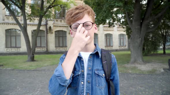 Genius Redhead Boy in Eyeglasses Looking at Camera and Smiling. Portrait of Intelligent Caucasian alt