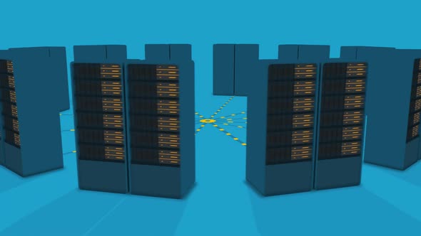 Servers in a circle linked together mining bitcoins. Blockchain digital money. alt