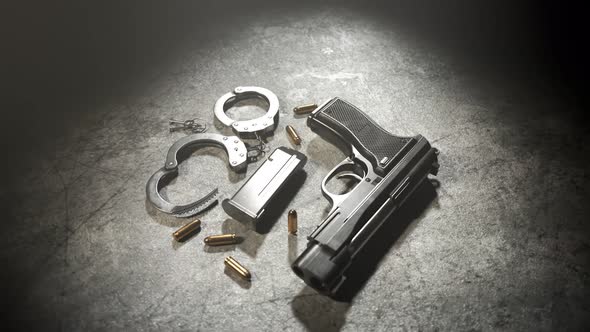 Loopable animation showing policeman equipment. Pistol. Handcuffs. Bullets. 4KHD alt