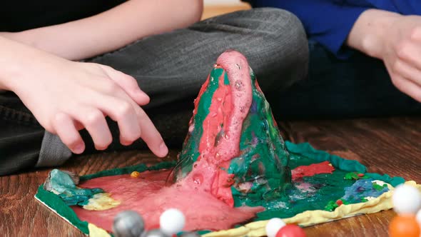 Experience with Plasticine Volcano Erupts Foam at Home. Chemical Reaction with Gas Emission