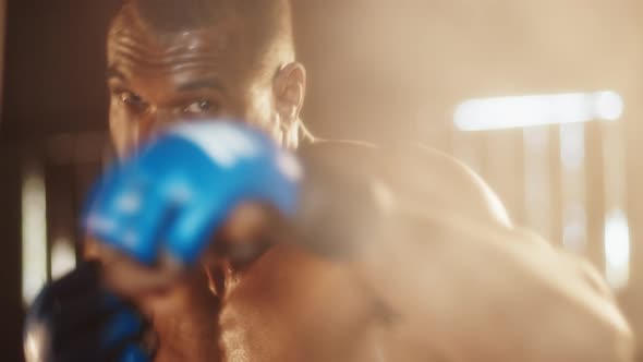 Male Fighter Works Out in the Dark Gym alt