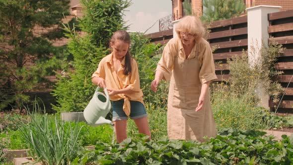 Girl With Grandmother Watering Flowers In Garden alt