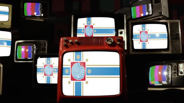 Flags of Tbilisi, the capital and the largest city of Georgia, on Retro TVs.