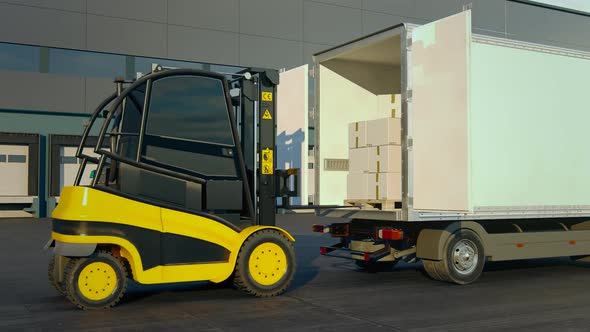 Forklift is loading the pallet of the cardboard boxes on the delivery truck.