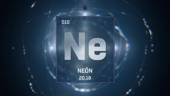 Neon as Element 10 of the Periodic Table on Blue Background Spanish Language