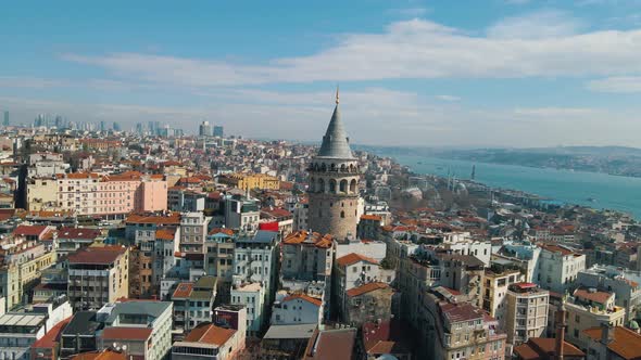 Aerial view of Galata tower, one of the ancient symbols in Istanbul. Bosphorus and Istanbul skyline. alt