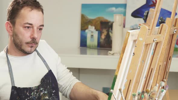 Mature Handsome Male Artist Smiling Talking on the Phone While Painting alt
