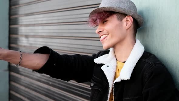 Beautiful diversity young people concept with caucasian cheerful coloured hair teenage alt