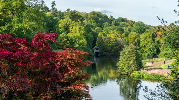 Boathouse on the edge of Rowe's Flashe Lake at Winkworth Arboretum