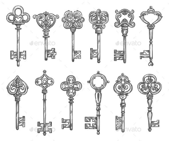 Vintage Keys Vector Isolated Icons Sketch Set - Objects Vectors