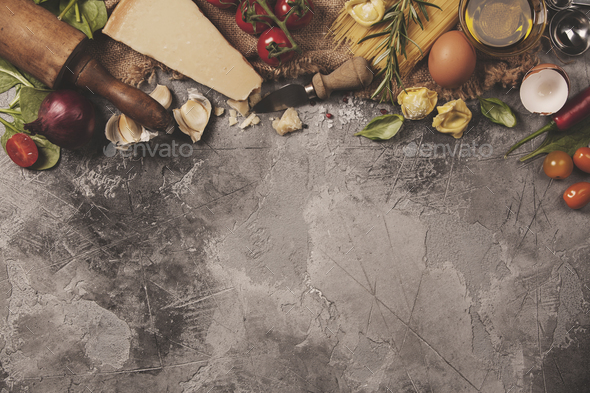 Italian food background. Slate background with space for text - Stock Photo - Images
