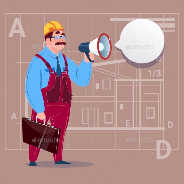 Cartoon Builder Holding Megaphone Making - People Characters