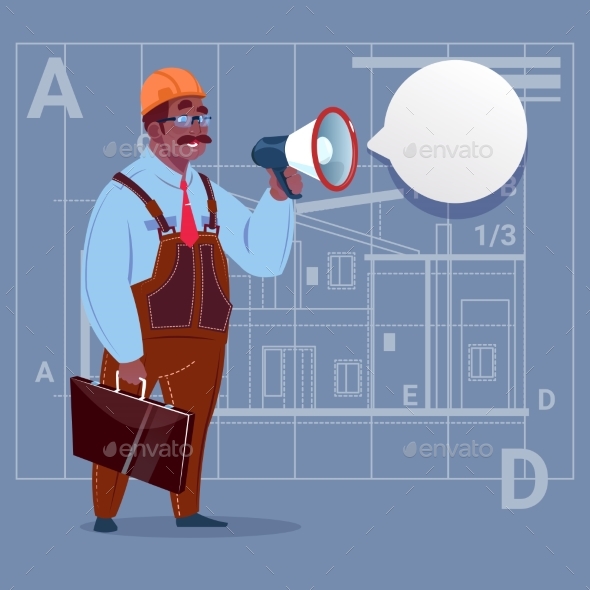 Cartoon African American Builder Holding Megaphone - People Characters