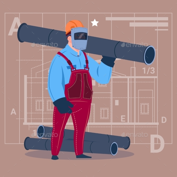 Cartoon Builder Wearing Welding Mask Holds Piping - People Characters