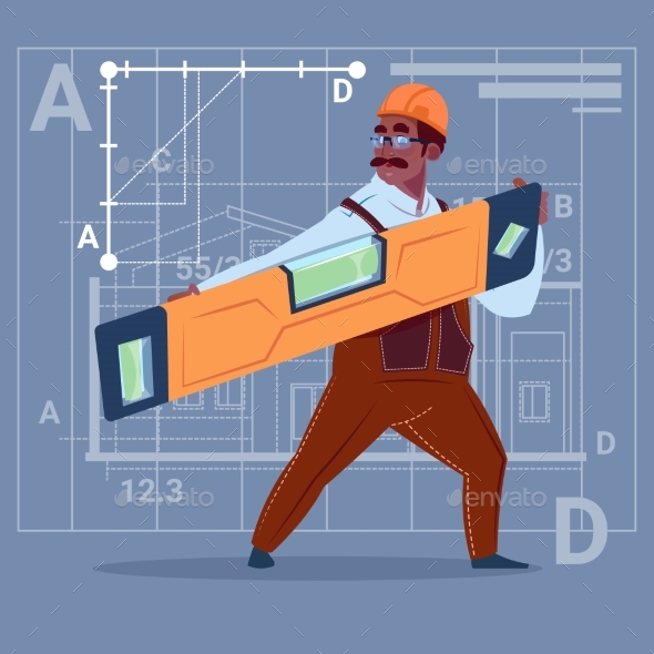 Cartoon African American Builder Holding Carpenter - People Characters
