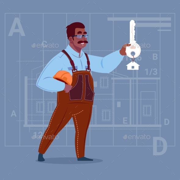 Cartoon Builder Holding Key - People Characters