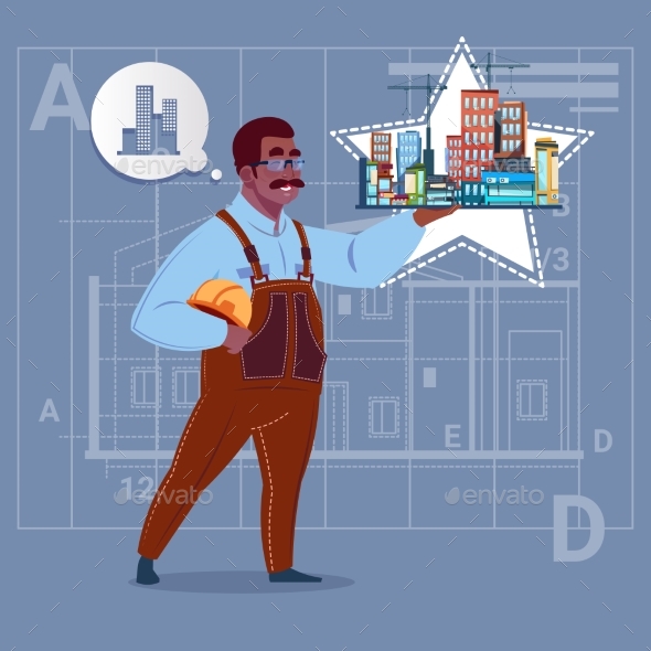 Cartoon African American Builder Holding Small - People Characters