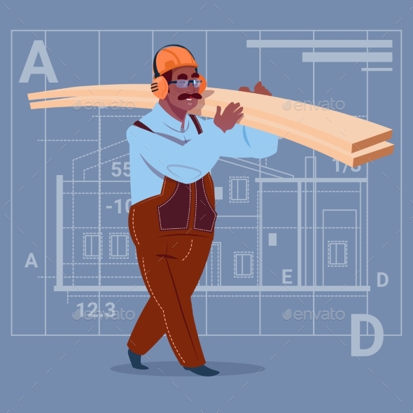 Cartoon Builder Holding Planks - People Characters