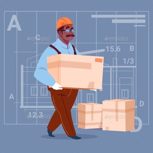 Cartoon Builder Carries Box - People Characters