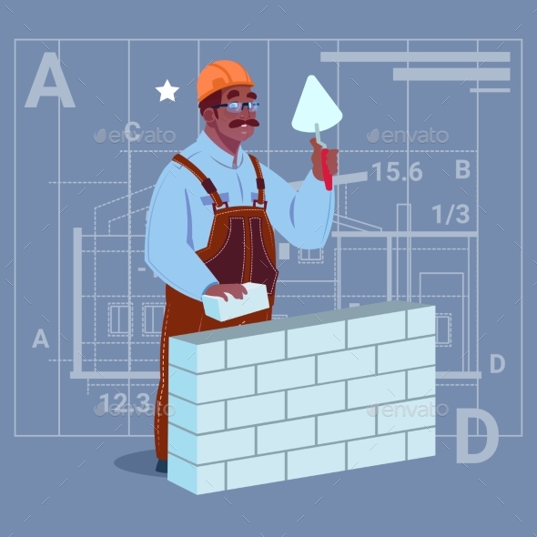 Cartoon African American Builder Laying Brick Wall - People Characters