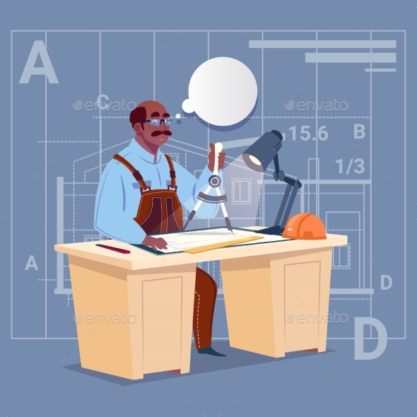 Cartoon African American Builder Sitting At Desk - People Characters