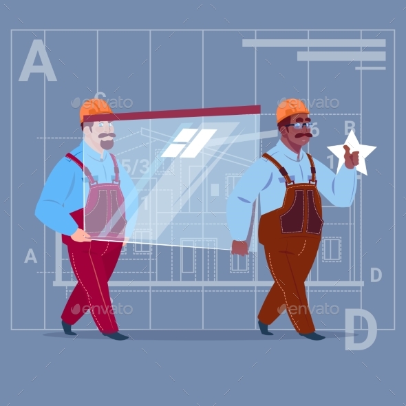 Two Cartoon Builders Carry Glass Wearing Uniform - People Characters
